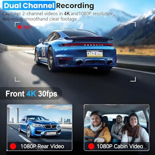 3 Channel 4K Dash Cam Front, 1080P Dash Camera Rear and Inside for Cars with 3.16 IPS Screen, 64GB Card, G-Sensor, 24Hr Parking, App Control,Loop Recording, Night Vision,Support 256GB Max - image 2