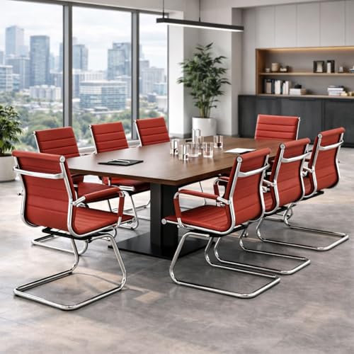 Image of Office Desk Chair Set of 8,No Wheels PU Leather Computer Chairs Mid Back Guest Chairs with Seld Base for School /Reception /Conference /Waiting Room,Burgundy Red