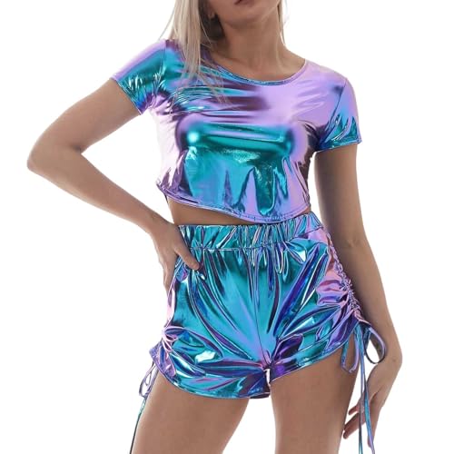ZDSUHYIW Disfraces de carnaval para mujer, aspecto mojado, parte superior, color brillante, traje metálico, traje sexy, fiesta, club, traje festivo, disfraz de rendimiento, manga corta, vestidos sin