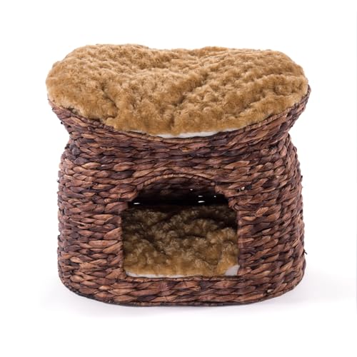 CREEDWOOD Katzen Korb Luna | 54cm, Wasserhyazinthe, mit Kissen | Katzen Wasserhyazinthe, Katzenturm, Katzenbett Natur, geflochtenes Katzenhaus,...