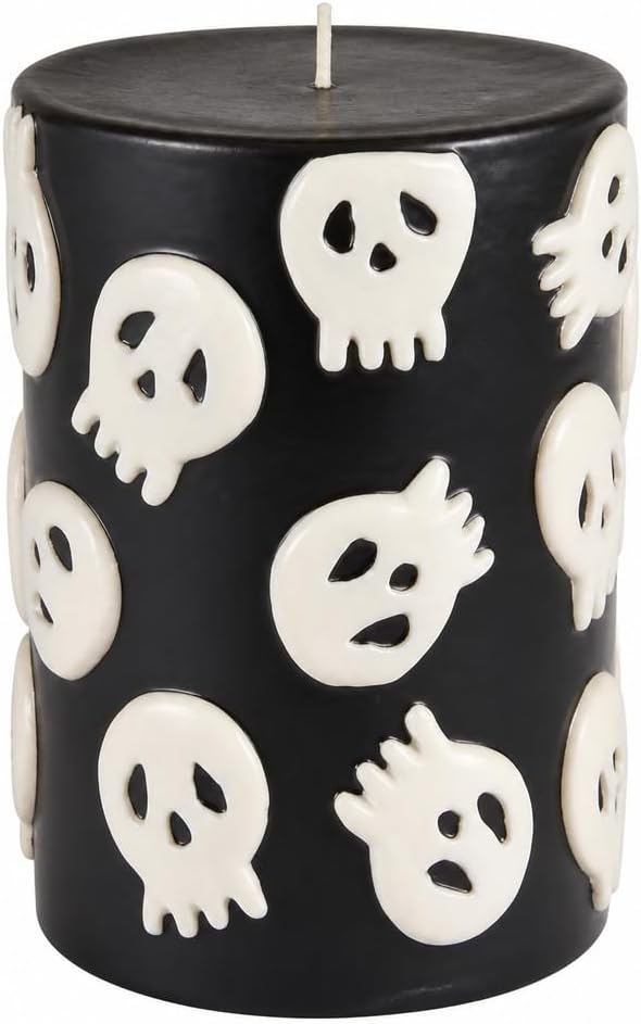 Mud Pie Halloween Pillar Candle, Black Candle with Hand Painted Skulls