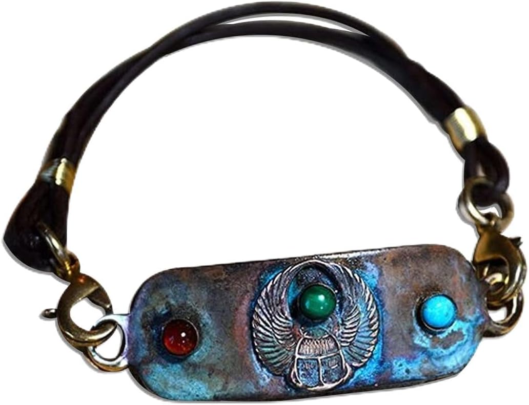 Elaine Coyne Collectible Artwear Verdigris Patina Brass Egyptian Scarab Rockband Bracelet - Carnelian, Malachite, Turquoise