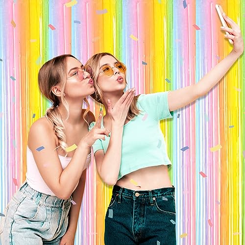 Image of 3 Pack Rainbow A Foil Fringe Curtain Backdrop, 3.28Ft x 9.8Ft Metallic Tinsel Foil Fringe Streamer Curtains for Photo Booth, Christmas Day, Thanksgiving, Wedding, New Year Party Decorations