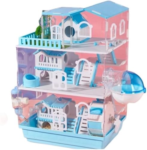 Fegson ハムスターケージ 透明 よく見える アクリル製 組立簡単 ゾーン分割 持ち運びやすい 屋外のバスルーム フードボウル ランニングホイール トレーデザイン お掃除しやすい 通気穴いっぱい 上層と下層は取り外し可能で、お手入れが簡単です 2階/3