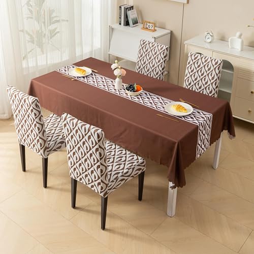 Image of HOMETHREADS Stretchable Elastic Jacquard Chair Seat Cover and Waterproof Dining Table Cover - Removable & Washable, Durable Seat Protector for Dining Room (Coffee, 4Chairs+1Table Cover (150X180))