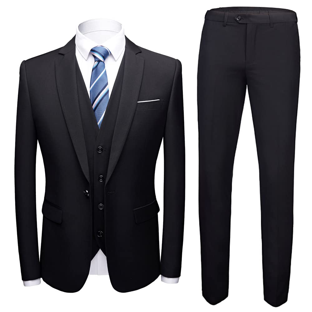 Mens Suits 3 Pieces Slim Fit One Button Solid Suit Blazers for Business Wedding Formal Prom Tuxedo Blazer Vest & Pant Set