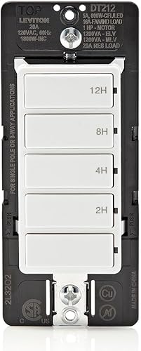Miniatura 1 de Leviton Interruptor de cuenta regresiva DT212-1LW para luces, ático, calentadores, bombas de piscina, 2-4-8-12 horas, requiere cable neutro, 20A,