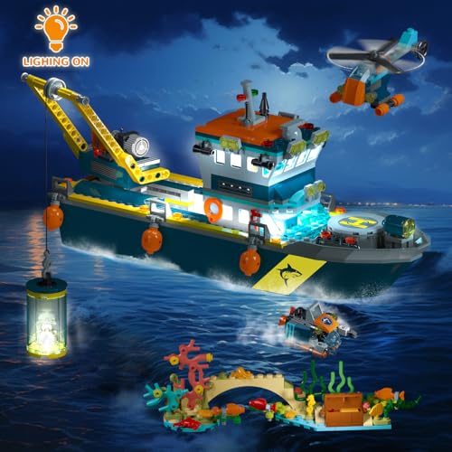 HOGOKIDS City Schwimmfähiges Boot Baukasten mit LED Licht - Spaß Arctic Explorer Schiffs Baustein Ozean Exploration mit Hubschrauber U-Boot Geburtstags Geschenk für 6+ Jahre alte Jungen Mädchen Kinder