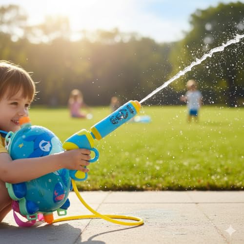 Image of Holi Pressure Pichkari with Fish Character Bag Tank- 3 LTR, with Free Balloons, Gulal and Surprise Holi Gift | Multicolor | 2 Mode Water Gun | PoPo Toys