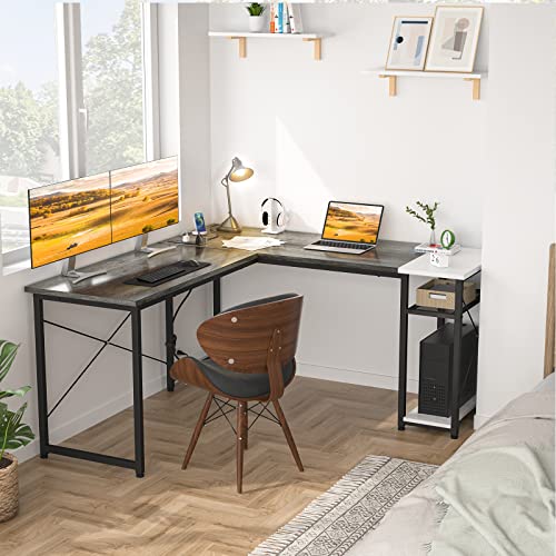 Ecoprsio L-Shaped Desk With Power Station And Usb, Large L Shaped Gaming Desk With Storage Shelves Industrial Corner Desk Writing Study Table For Home Office Gaming Workstation, Oak And White #TOP6
