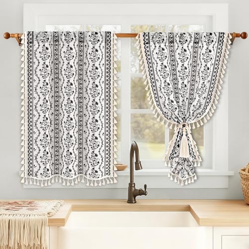 Image of Yinhua Boho Kitchen Curtains 36 Inch Length Vintage Linen Cafe Curtains Light Filtering Bohemian Floral Tier Rod Pocket Farmhouse Rustic Tassel Small Drapes with Tiebacks, 2 Panels, White Black