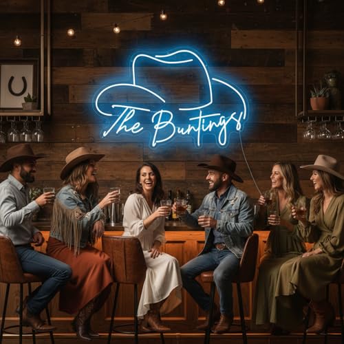 Image of Custom Cowboy Hat Neon Sign for Western Decor | Rodeo party, ranch, home bar, wedding, last name light, dimmable LED, rustic wall accent, personalized gift