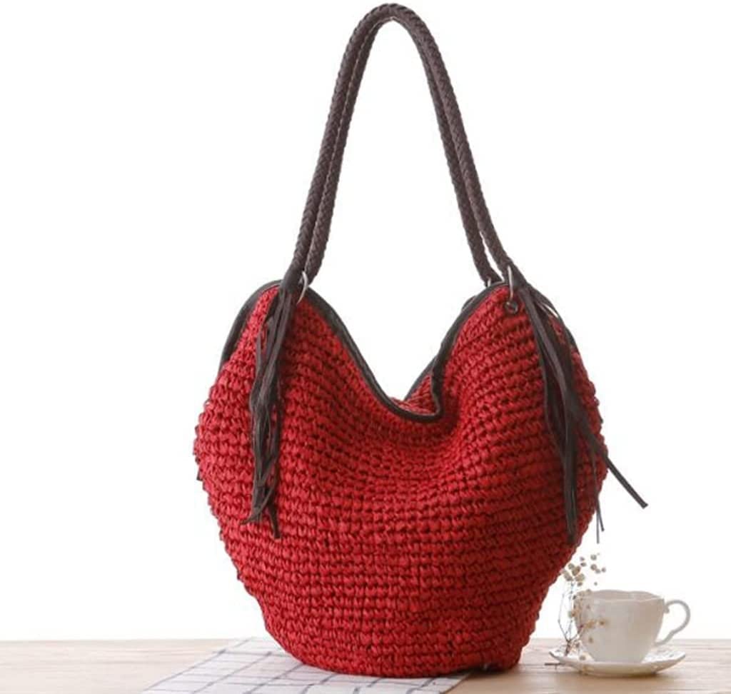 Bolso de Paja Bolso Tejido Grande, Bolsos De Playa, Mano para Mujer, Informales Verano para, Hombro con Borla Y Cremallera Mujer(Rot)