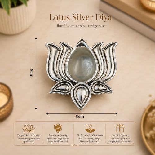 Image of Diviniti 999 Silver Plated Lotus Diya Set of 2 with Luxury Gift Box|Decorative Lotus Oil Lamp for Pooja Room, Home Temple & Diwali Decoration|Silver Finish Antique Diya for Gifting & Spiritual Decor