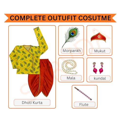 Image of Sarvda Shree Krishna Dress for Baby Boy & Radha Dress for Girls | Janamashtami Dress | Fancy Dress Costume with Accessories Dhoti, Dupatta, Mukut Flute Complete set, Ethnic wear