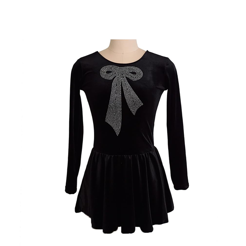 Girl’s Velour Ice Skating Dress Rhinestones with Bow Pattern Dance Leotard Performance Costumes Ballerina Outfits (Black,X-Small)