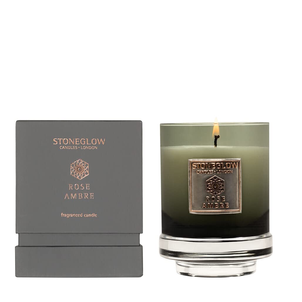 Stoneglow Women's Dark Grey Metallique Collection Rose Ambre Scented Candle 250G - Oud, Patchouli & Tobacco, 50 Hours Burn Time, Natural Wax Blend, 1 Wick, Long Lasting Fragrance, Candle Gift For