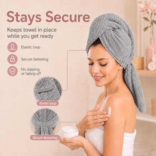 Image of Large Hair Towel Wrap for Women, Quick-Dry Turban, Ultra Absorbent & Anti-Frizz, Ideal for Long, Thick & Curly Hair, Soft Lightweight Microfiber Drying Towel (24x42, Grey)