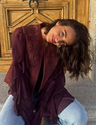 hathne Embroidered Faux Suede Vest for Women Floral Embroidered Vest Sleeveless Open Front Vintage Vests2