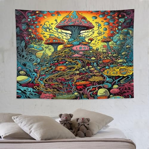 Tapisserie champignon ornement mural PAZZK en textile durable de grande dimension pour salon