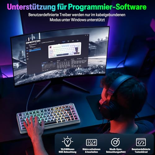 OMOTON Mechanische Tastatur Gaming, 2.4GHz/Type-C/BT, 75% Hot-Swappable Kabellos Tastatur mit Knopf, Gasket Struktur, RGB, Creamy Keybord Linearer Schalter, QWERTZ ISO-DE Layout, MK211 5