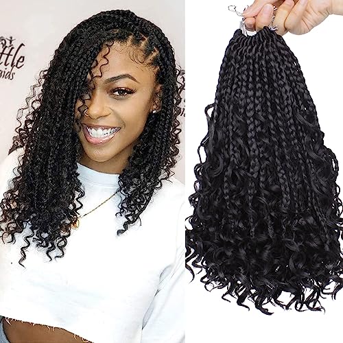XTREND 10Inch 8Packs Boho Box Braids Crochet Hair with Curly Ends 14strands/pack Pre Looped Black Messy Goddess Box Braids Hair Extensions Individual Synthetic Bob Goddess Locs Hair