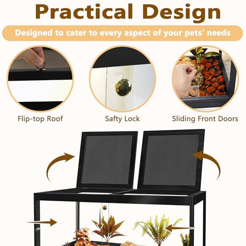 Image of PROLEE Bearded Dragon Tank 81 Gallon, 48 x 20 x 20 Inch Wooden Reptile Enclosure with Metal Mesh Top, Clear Acrylic Sliding Doors and Lock, Large Lizard and Snake Tank, Black