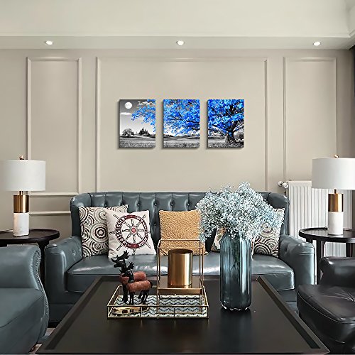 Image of Wall Art For Living Room Black And White Blue Tree Moon Canvas Wall Decor For Home Artwork Huge Painting 20 inch X 28 inch 3 Pieces Canvas Print For Bedroom Decor Modern Salon Kitchen Office Hang A Picture