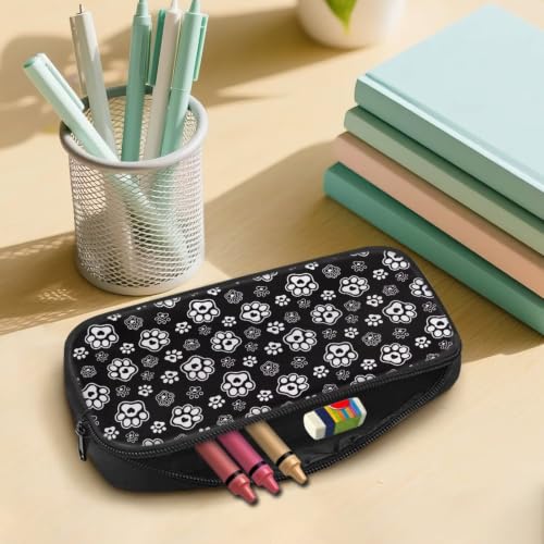 Image of Pencil Case, Pen Pouch Bag for Kids Students School Supplies | Black White Paw Print Print,polyester fabric,wear-resistant and easy to clean,zipper design gift for boys and girls