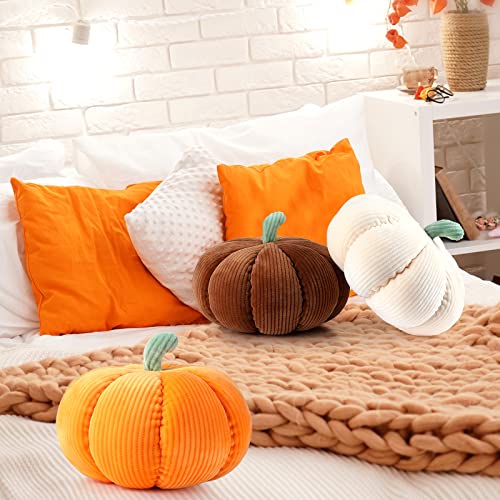 Unittype 3 Pcs Thanksgiving Pumpkin Throw Pillows 7 Inch Stuffed Pumpkin Shaped Pillow Cute Fluffy Pumpkin Pillow Plush 3D Pumpkins Decor For Bedroom Sofa Couch Car Decor (White, Brown, Orange) #TOP6