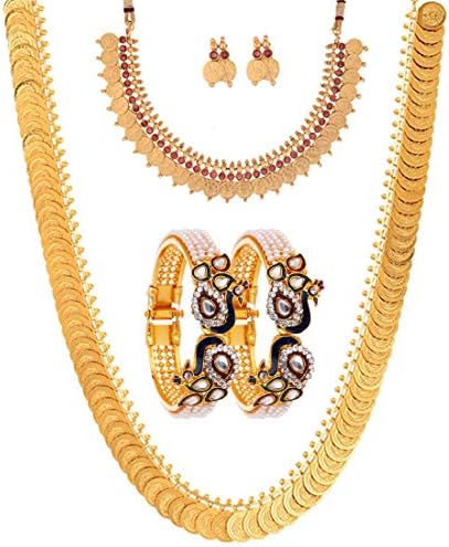 ZENEME Jewellery Set Gold Plated Pearl Studded Bangles Jewelry, Long Maharani Temple Coin Necklace, Short Red Green Necklace Set With Earring Jewellery For Women and Girl