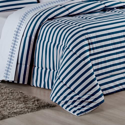 Kit Edredom + Jogo de Lençol Bordado Casal Queen Algodão 180 Fios 07 Peças Listras (AZUL)