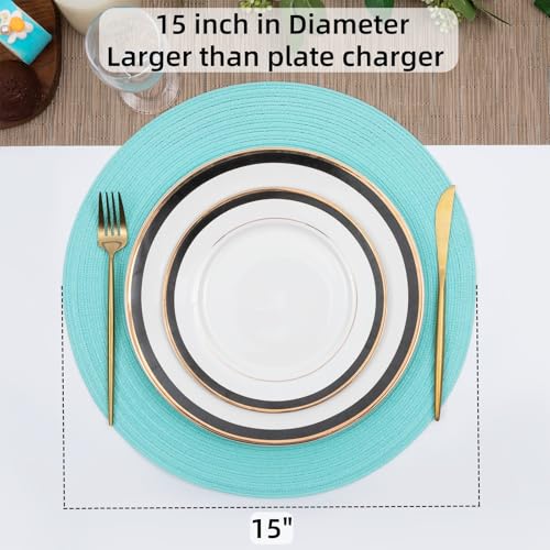 Image of SHACOS Round Placemats Set of 4 Washable 15 inch Round Table Mats Cotton Polyester Woven Braided Place Mats for Dining Table Wedding Party Decor (Aqua, 4)