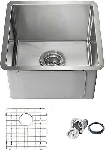 KIBI Fregadero de cocina hecho a mano con estación de trabajo de 16 pulgadas con rejilla inferior y colador, fregadero de acero inoxidable de un