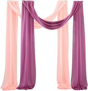 2 cortinas de boda con arco de boda, 75 x 300 cm, tela de gasa, decoración a mano, tul, fondo de fotos para fiestas, bodas, cumpleaños, bautizos, color rosa y lila + rosa claro