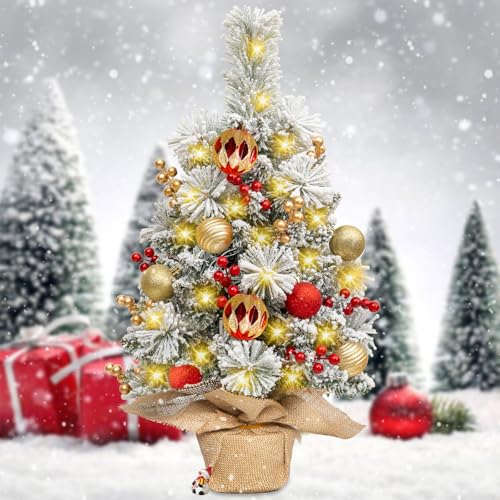Mini Albero di Natale 60cm, Albero di Natale Artificiali, Albero di Natale da Tavolo Artificiale con luci a LED e Decorazioni, piccolo albero di Natale per casa, ufficio, Decorazioni Tavola