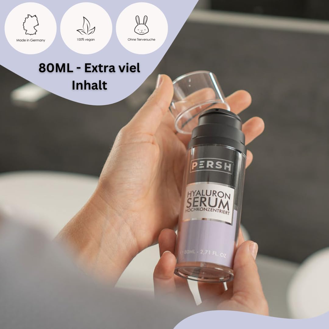 PERSH Hyaluron Serum 80ml - Sofort-Lifting-Effekt für straffe, jugendliche Haut | Feuchtigkeits-Boost mit hochkonzentrierter Formel | Reduziert feine Linien | 100% Vegan