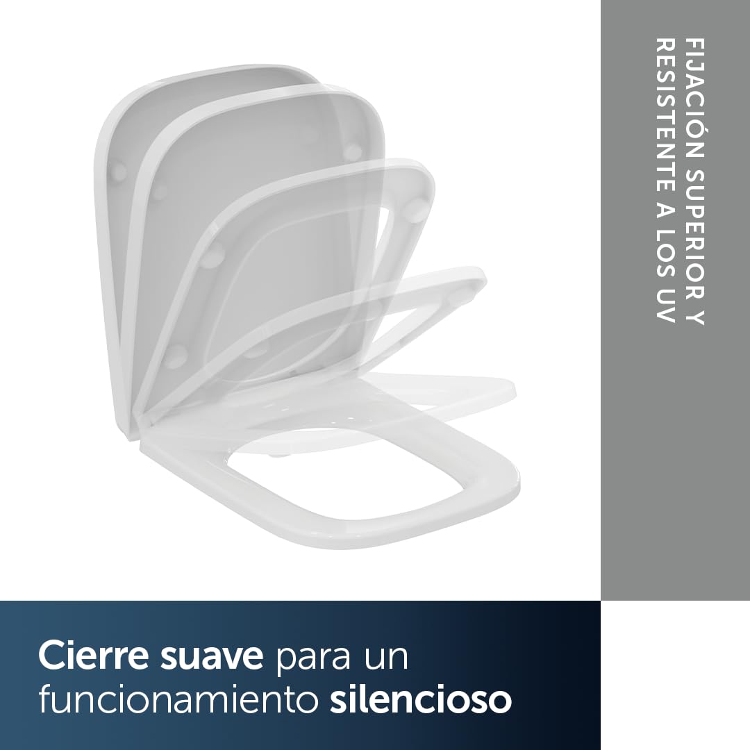 Ideal Standard i.life A Asiento de inodoro, diseño envolvente, cuadrado, con mecanismo de cierre suave, función de liberación rápida para una fácil limpieza, fabricado en Duroplast resistente – Blanco