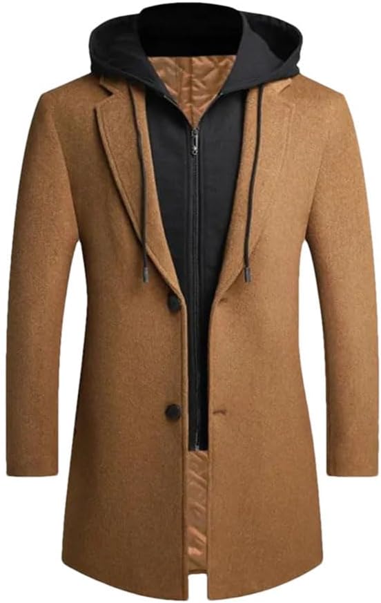 Autumn Winter Men Hooded Wool Jacket Autumn Mens Long Windproof Wool Coat Casual Thick Slim Jacket