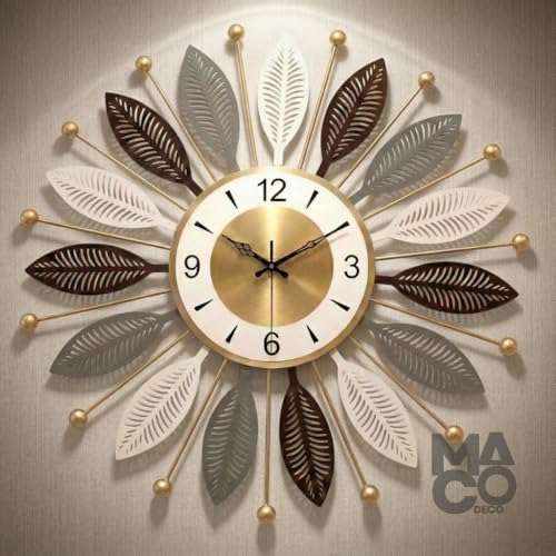Image of Decorative Wall Clocks for Living Room Metal Stylish Wall Clock Designer Fancy Large Wall Hanging Clock Leaf Pattern Bedroom Hall Modern