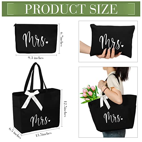 Cunno Bride Tote Bag with Makeup Bag, MRS Polyester Set for Women, Large Black, Wedding Gifts3