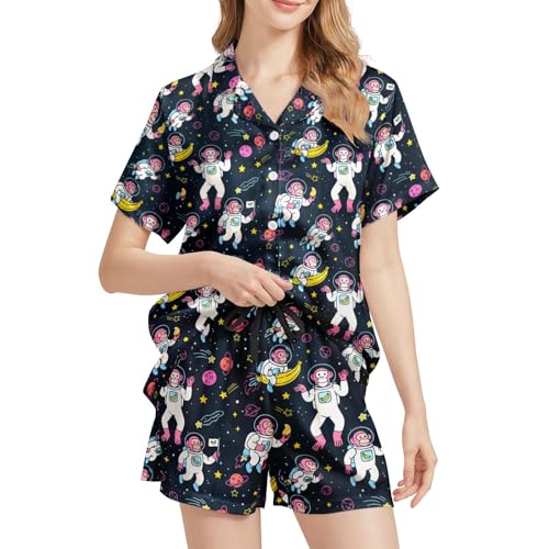 Image of Silk Satin Pajama Set for Women Summer Lounge Pjs Sets 2 Piece Suit Ladies Button Down Tops And Shorts Sleepwear