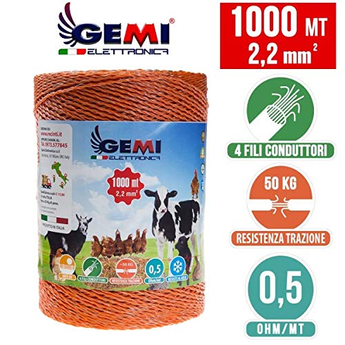 Gemi Elettronica Fil DE CLÔTURE ÉLECTRIQUE clôture électrifiée 1000 MT 2,2mm pour Animaux Chevaux Chiens Vaches porcs Poules