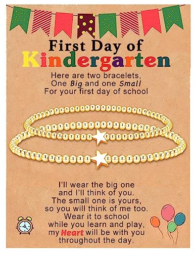 Image of 2Pcs First Day of Kindergarten Preschool Bracelets for Mommy and Me, Matching Heart Beaded Bracelets for Mother Daughter