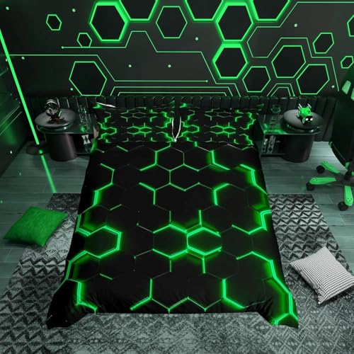 Loussiesd Honeycomb Juego de ropa de cama de 135 x 200 cm, diseño geométrico hexágono, funda nórdica con 1 funda de almohada de 80 x 80 cm, color negro y verde neón, ropa de cama para niños y