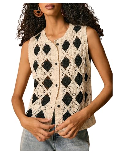 GORGLITTER Women's Crochet Vest Checkered Button Front Knit Boho Western Trendy 2025 Sweater Tank Top