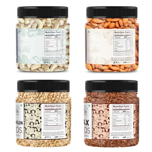 Image of LILA DRY FRUITS Almonds Cashew Flax Seeds Watermelon Seeds Combo 100 Gms x 4 | Nuts & Seed Mix for Healthy Snacking, Daily Nutrition & Energy Boost Perfect for Gifting
