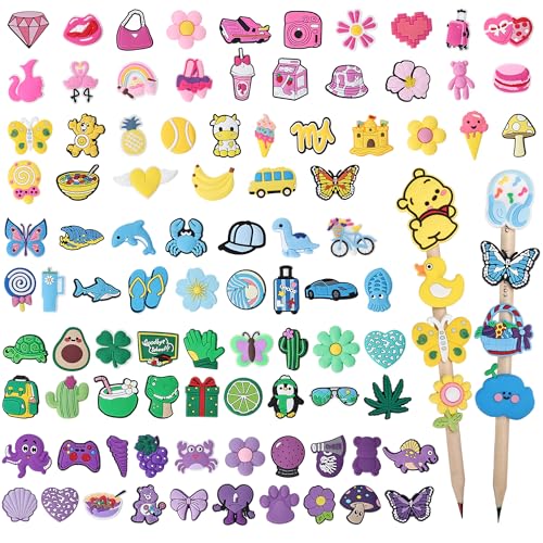 100PCS Kawaii Pencil Charms - Rainbow Mixed Pencil Toppers Set for Boys & Girls, Cute Classroom Rewards and Prizes for Students, Fun Pencil Decorations for School Supplies & Kids’ Incentives