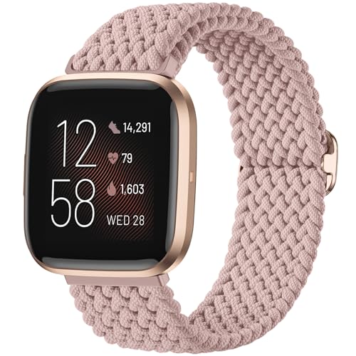Maledan Compatible with Fitbit Versa 2 Watch Bands for Women Men, Soft Braided Stretchy Breathable Bracelet Replacement Bands for Fitbit Versa 2/ Versa Lite/Versa SE/Versa Strap Accessories, Pink