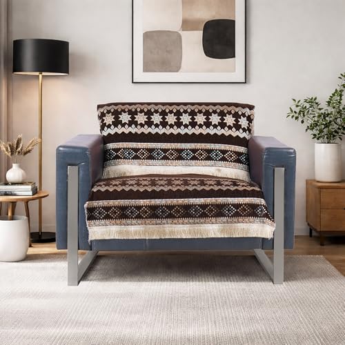 Image of Elegant Woven Brown Sofa Cover - Soft Chenille Traditional Pattern with Lace Style | L-Shape Sectional Seat Protector for Living Room | Durable & Stylish Slipcover 1 Seater
